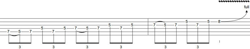 The pattern is a pull off and picked note on one string, before alternating between 2 strings for the second triplet